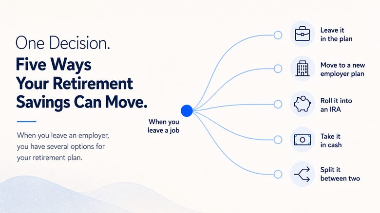 Diagram showing five options for an old employer retirement plan: leave it in the plan, move it to a new employer plan, roll it into an IRA, take it in cash, or split it between two.