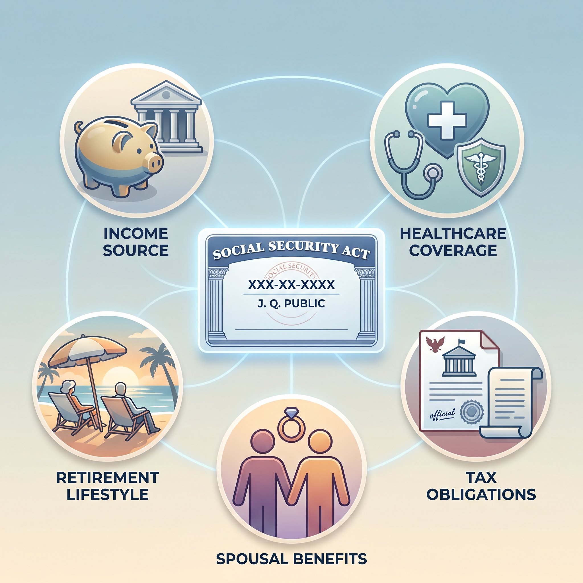 Social Security card surrounded by five connected areas: Income Source, Healthcare Coverage, Retirement Lifestyle, Spousal Benefits, and Tax Obligations